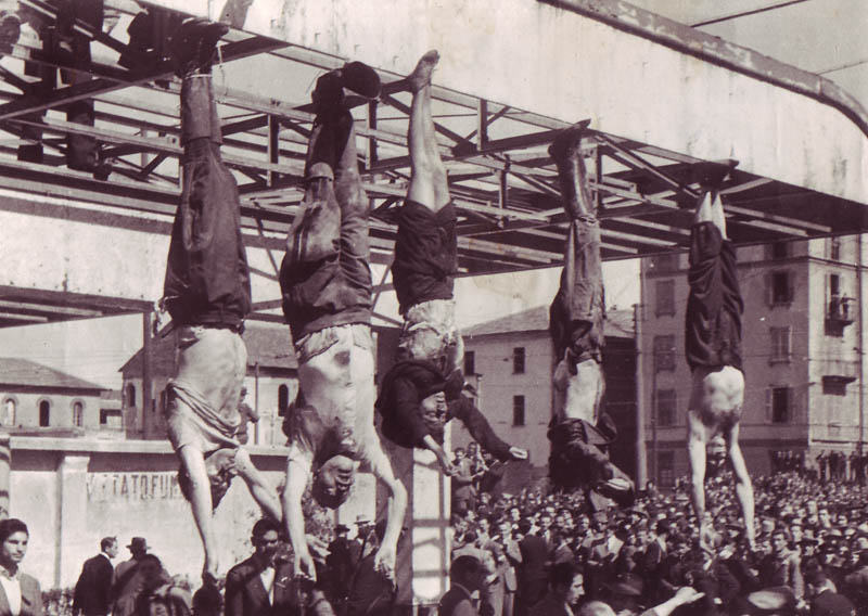 Bombacci, Mussolini, Petacci, Pavolini and Starace are hanged upside-down at a gas station, 29 April 1945